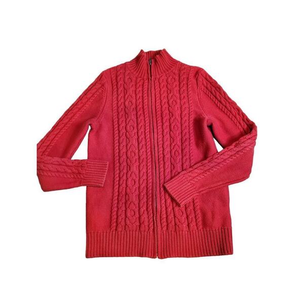 L.L. Bean Cotton Cableknit Full Zip‎ Cardigan Red size Medium - Picture 2 of 9